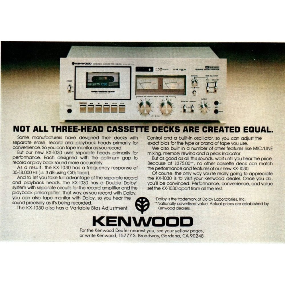 1977 Kenwood KX-1030 Cassette Tape Deck Vintage Print Ad Audiophile Wall Art